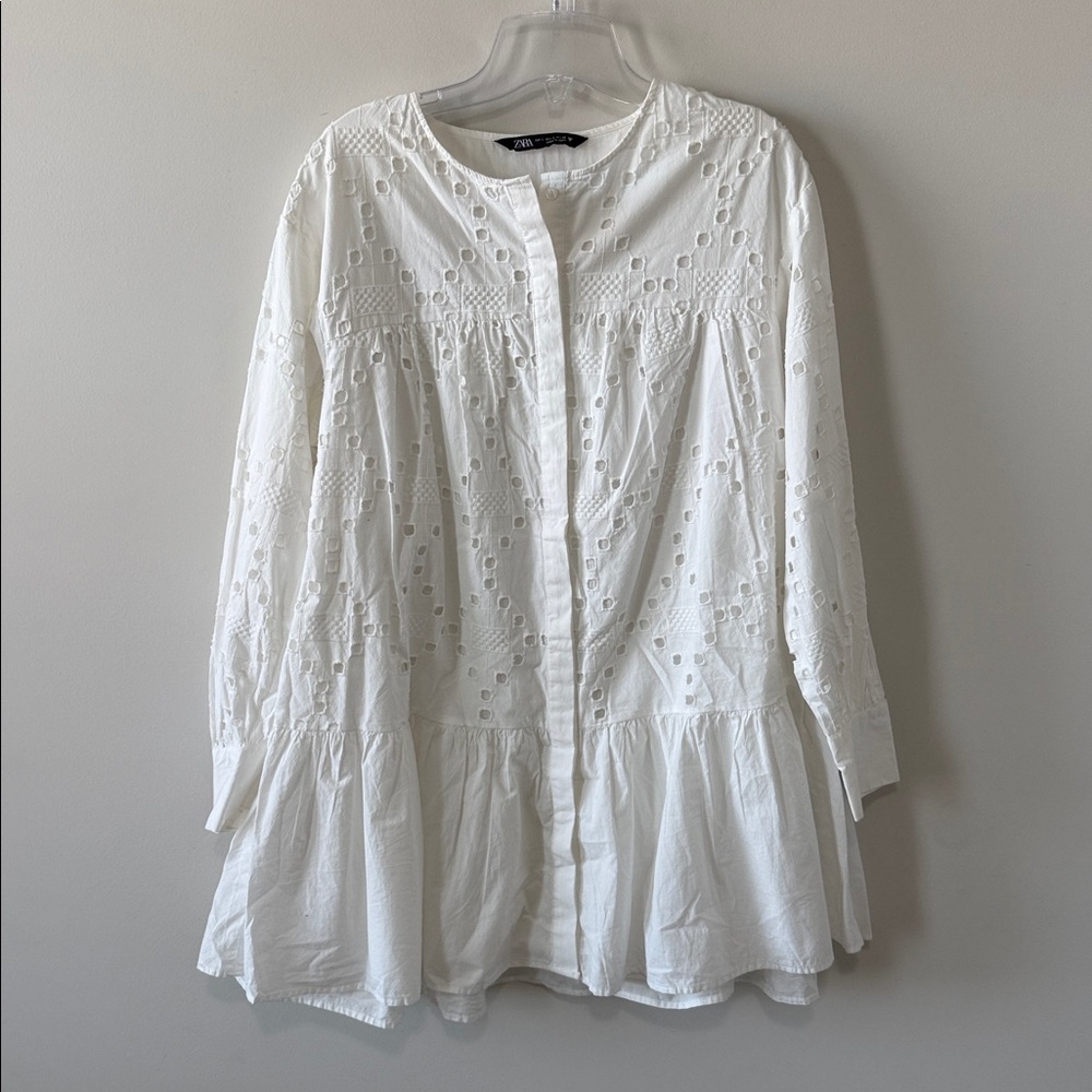 Zara White Eyelet Long Sleeve Dress S - Picture 3 of 6